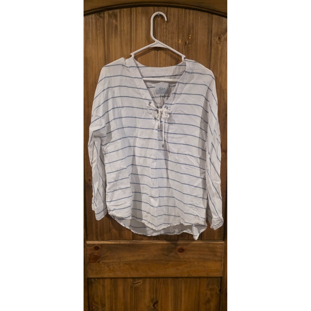 Rails Blouse Top Womens Size S White Linen Blend Lily Positano Striped Tie Front